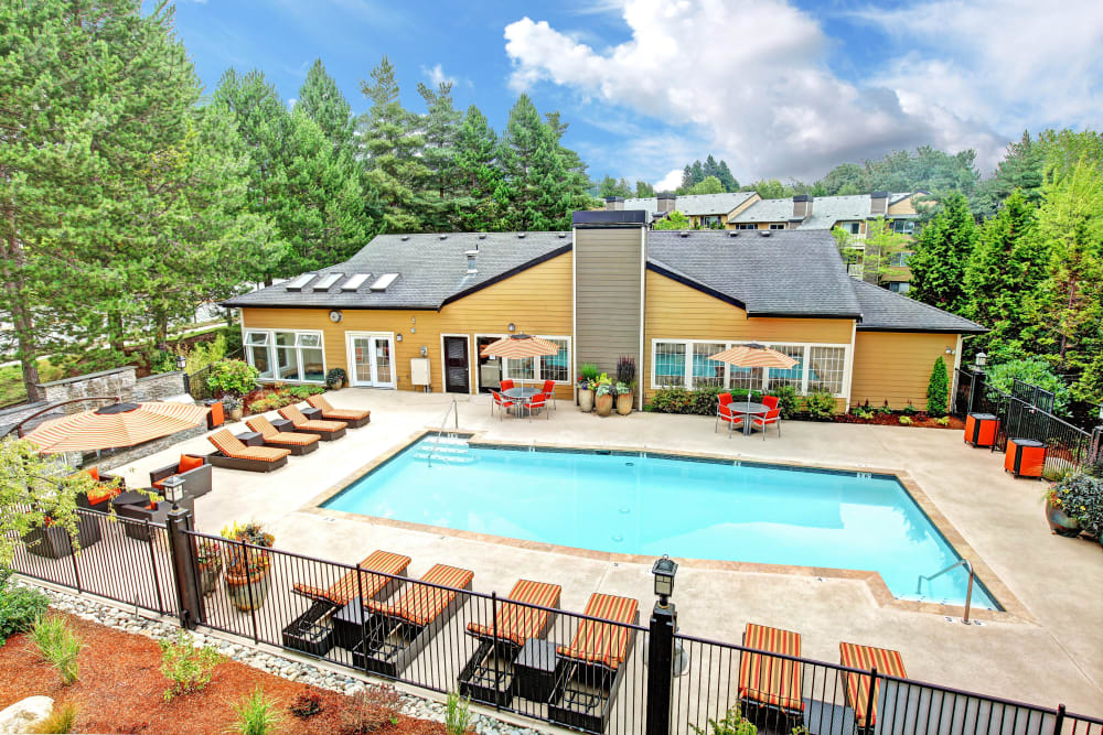 Aerial view of the pool at Newport Crossing Apartments in Newcastle, Washington