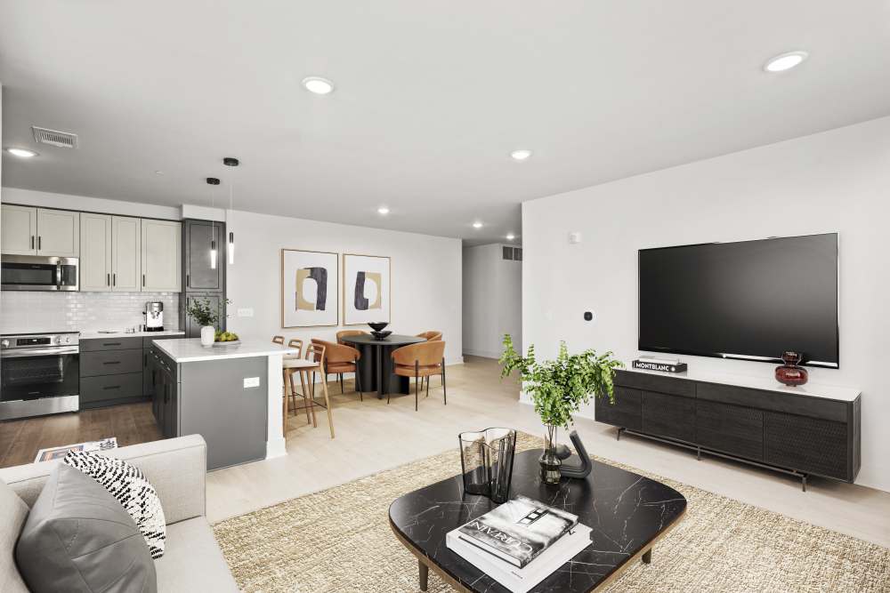 Model living room and kitchen at The Elysian at Stonefield in Charlottesville, Virginia