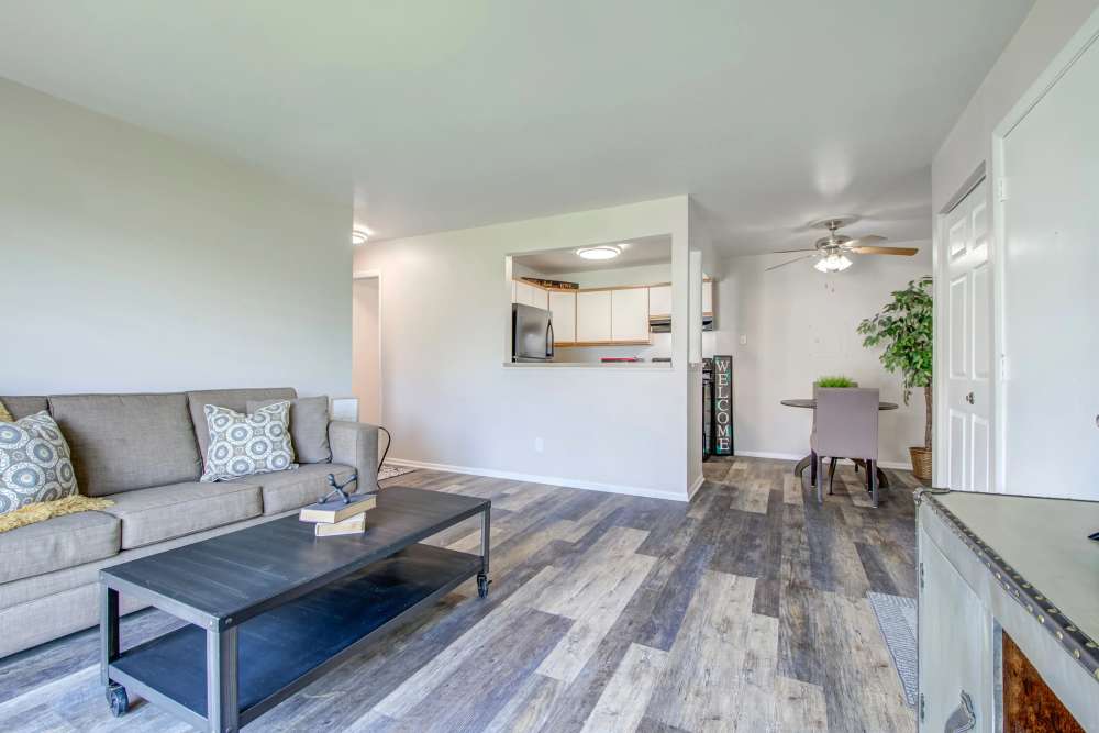 Living room with view of kitchen at Hidden Creek, Crown Point, Indiana