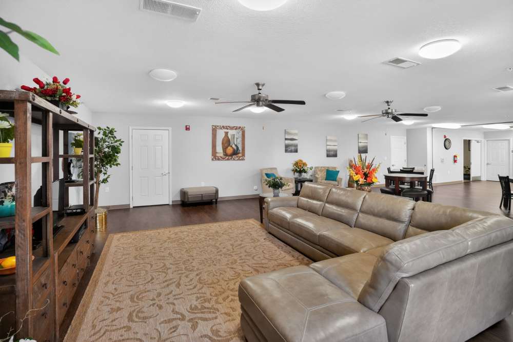 Community clubhouse with couch at Whistler's Cove in Mount Airy. NC
