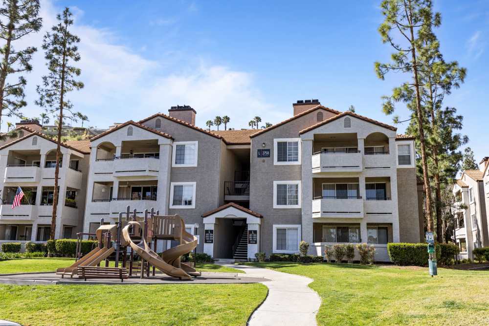 Children's playground of Sierra Del Oro Apartments in Corona, California