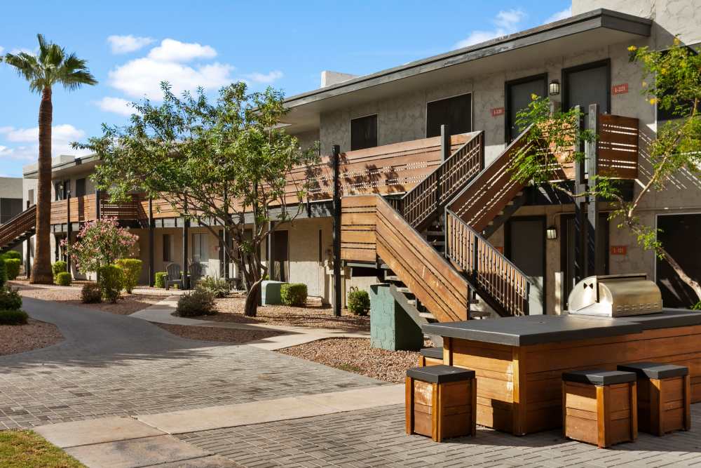 Community exterior with barbeque at Sono Tempe in Tempe, Arizona