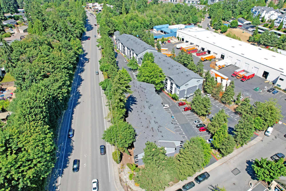 A drone view of the community at Karbon Apartments in Newcastle, Washington