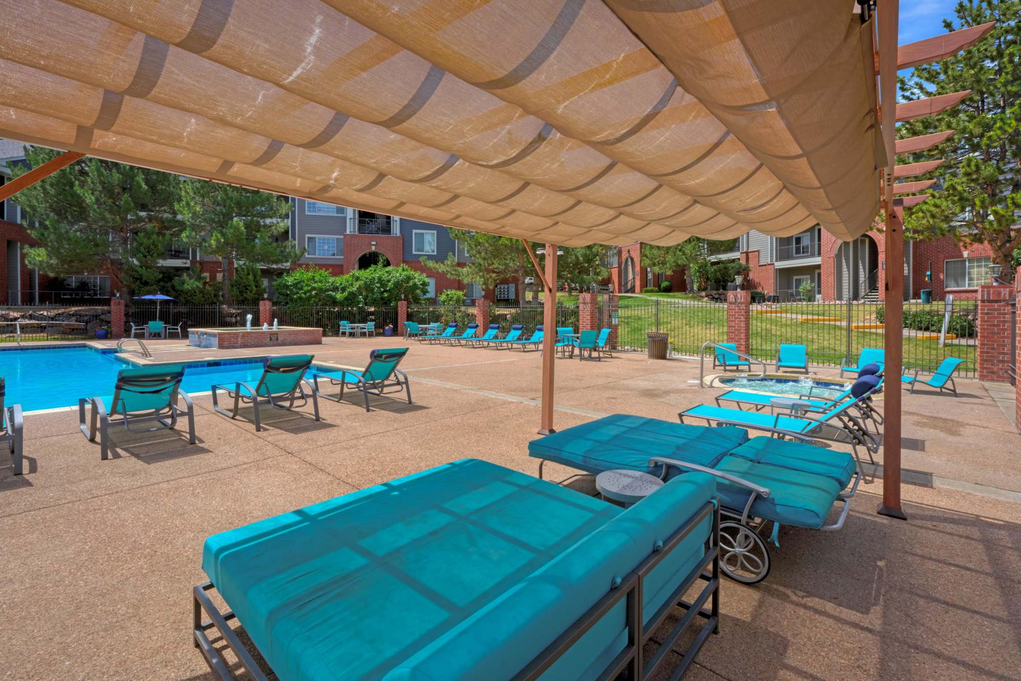 Pool area Cabanas at Skyecrest Apartments in Lakewood, Colorado