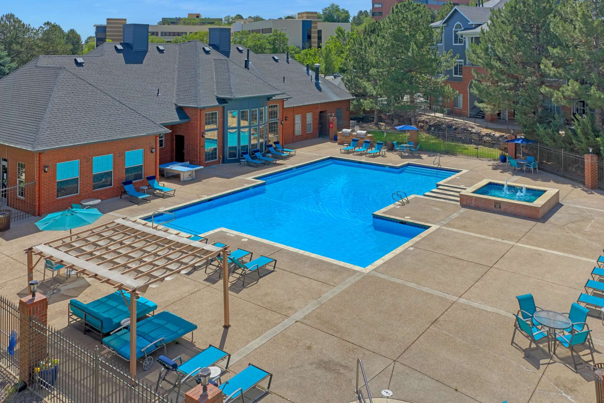 Aerial View of Pool Area Skyecrest Apartments in Lakewood, Colorado