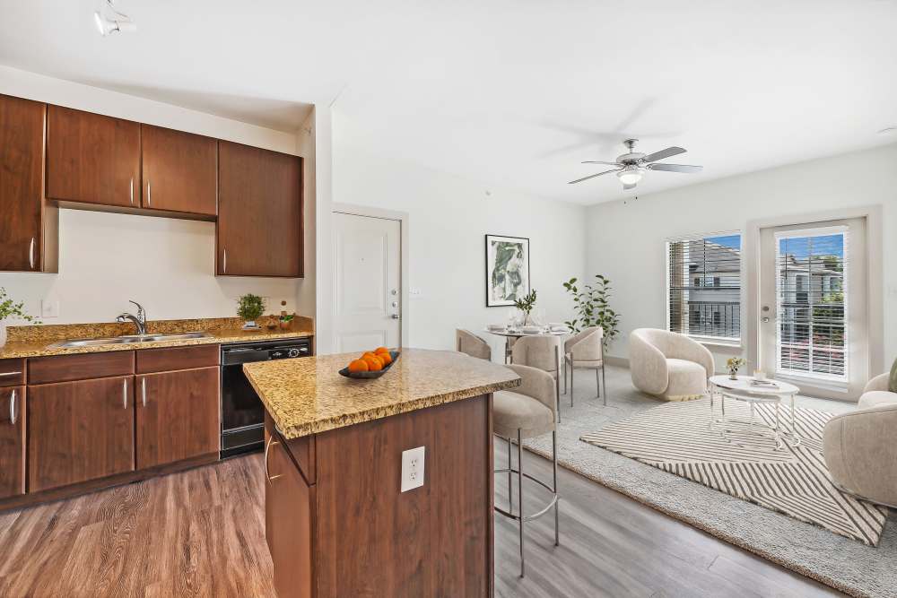 Kitchen and living area at Villas at Grand Avenue in Pflugerville, Texas