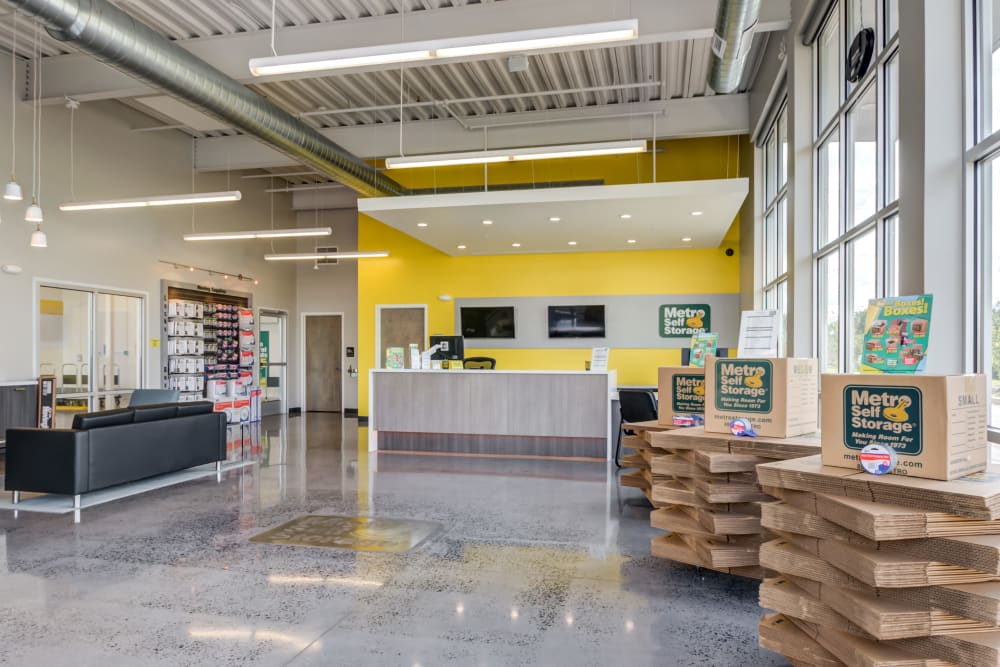 Lobby with packing boxes for purchase at Metro Self Storage in Line Lexington, Pennsylvania