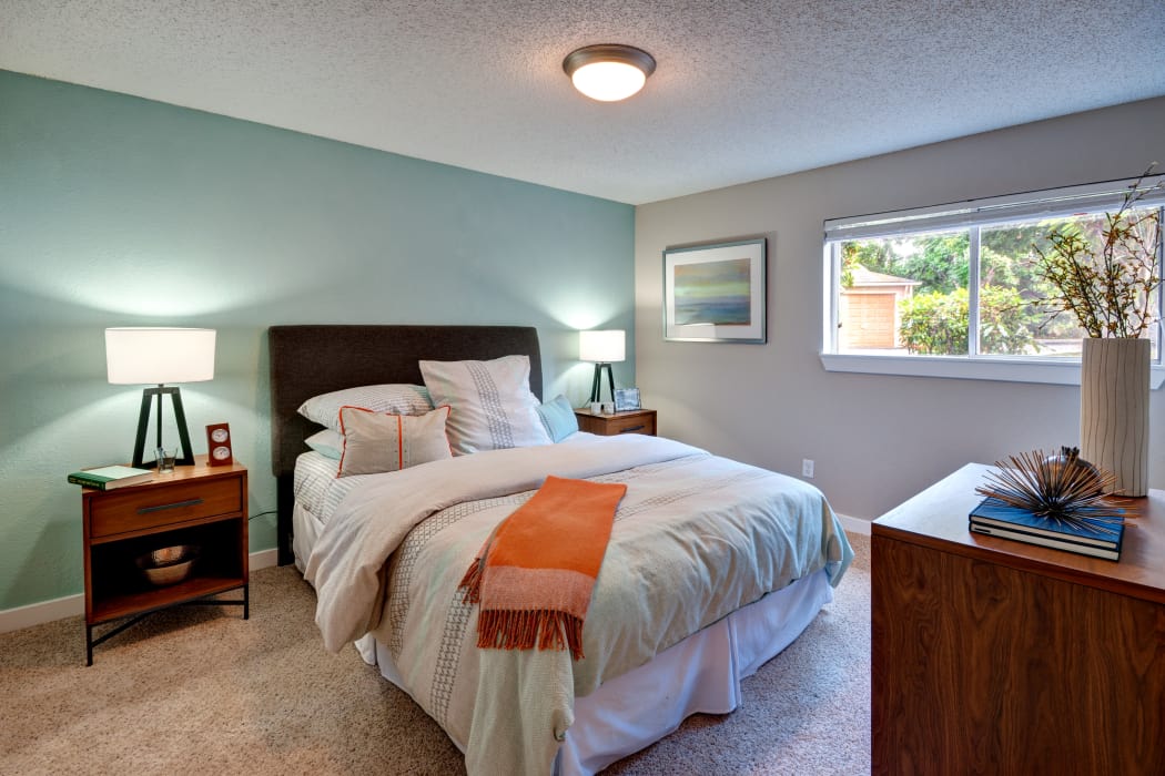 Large master bedroom in model home at StonePointe in University Place, WA