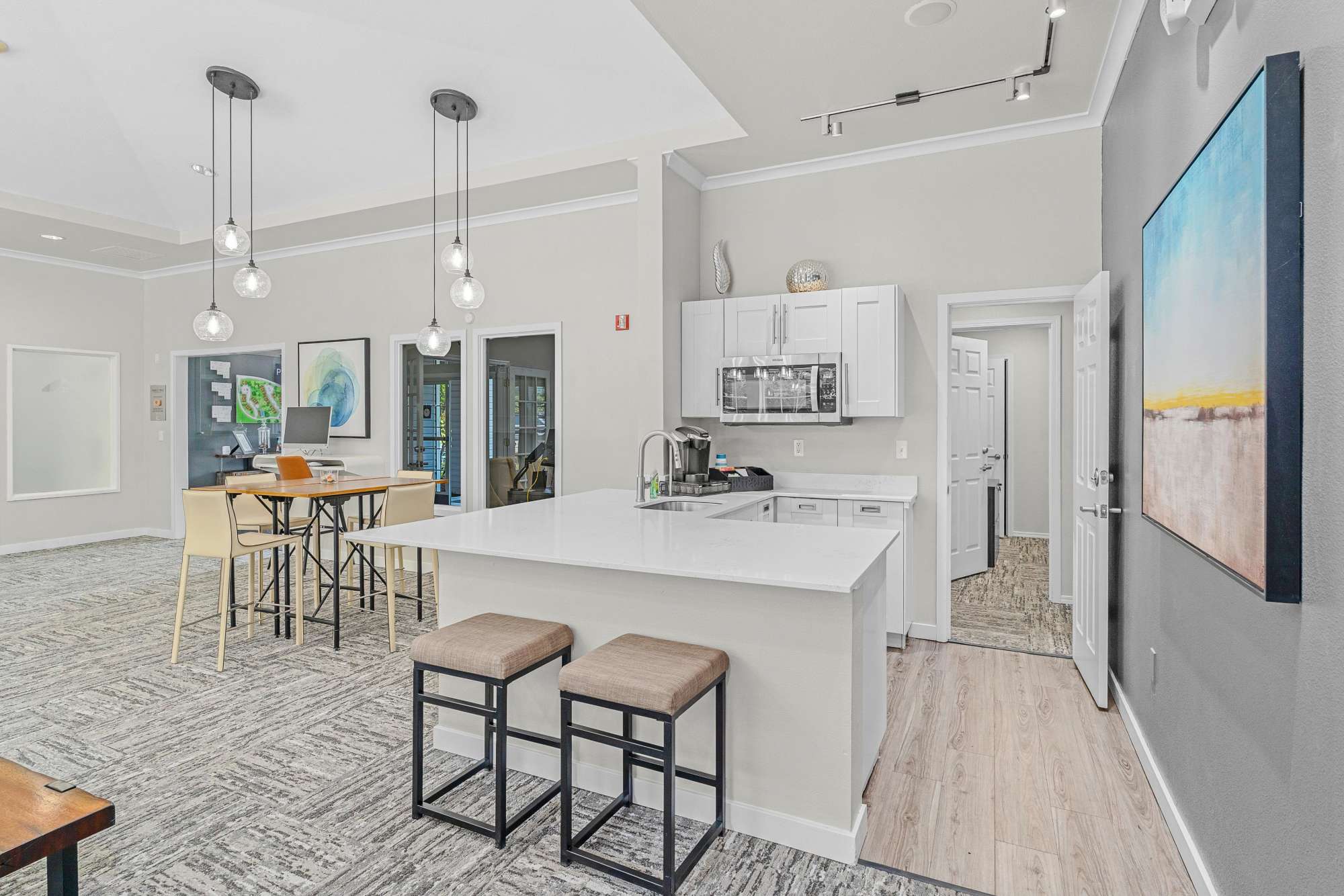 Clubhouse kitchen at Pebble Cove Apartments in Renton, Washington