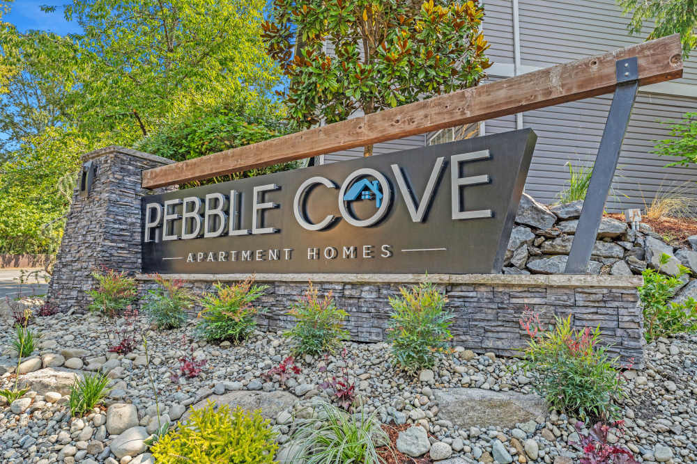 Monument sign outside of Pebble Cove Apartments in Renton, Washington