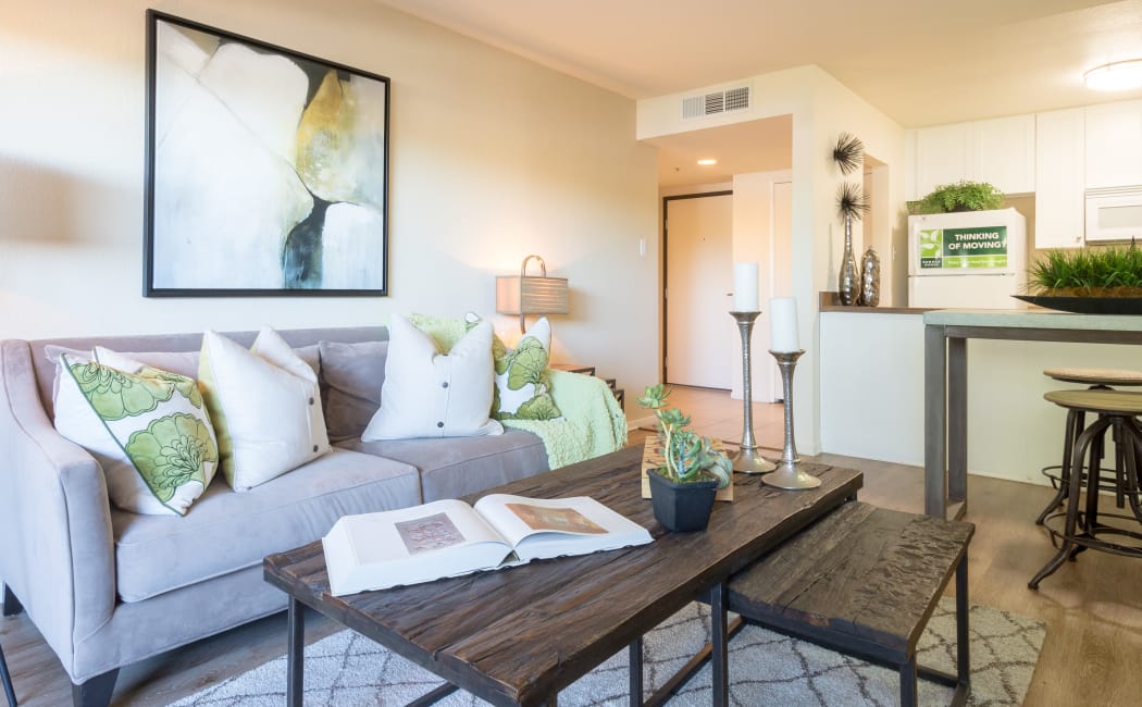 Modern living room in Summer House Apartments model home in Alameda
