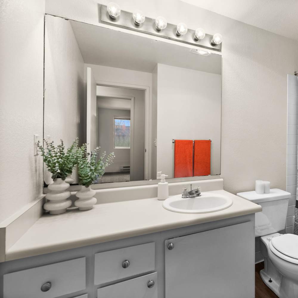 Bathroom with vanity setup at Lodge at Madrona Ridge in Tacoma, Washington