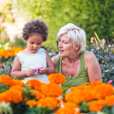 Resident and a child in the garden near Aurora on France in Edina, Minnesota