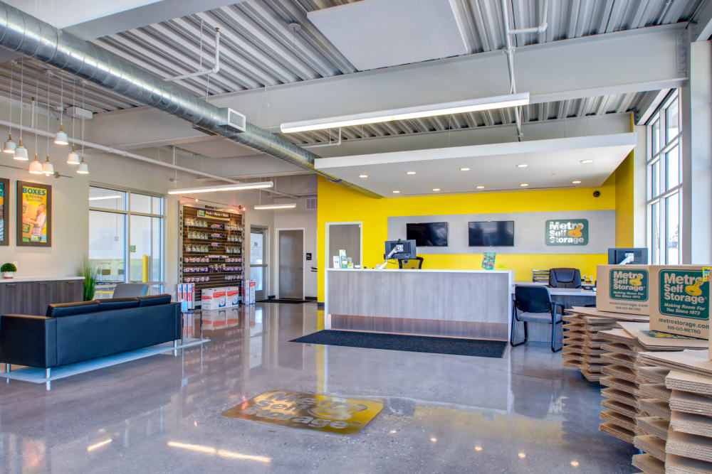 Lobby and moving boxes available for purchase at Metro Self Storage in Wood-Ridge, New Jersey