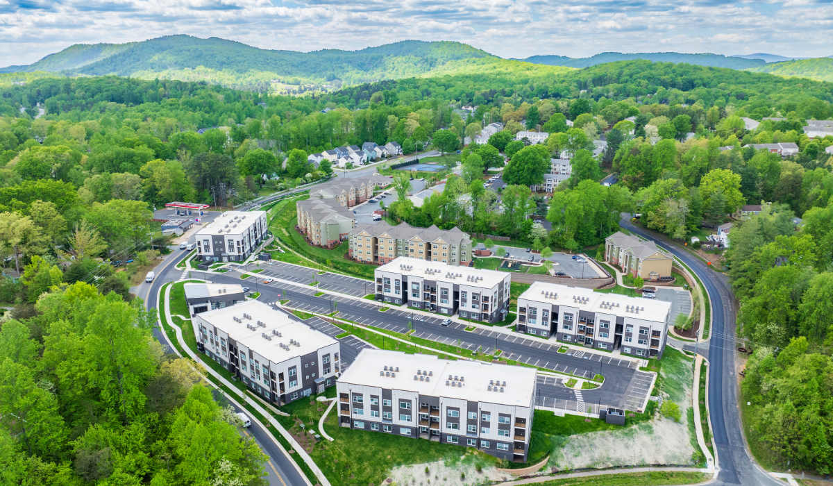 Ariel view overlooking the mountain view of 5 Row in Charlottesville, Virginia