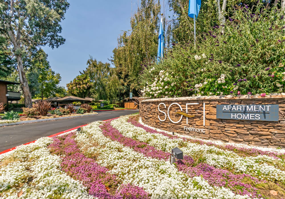 Our community's entrance sign welcoming residents and their guests to Sofi Fremont in Fremont, California