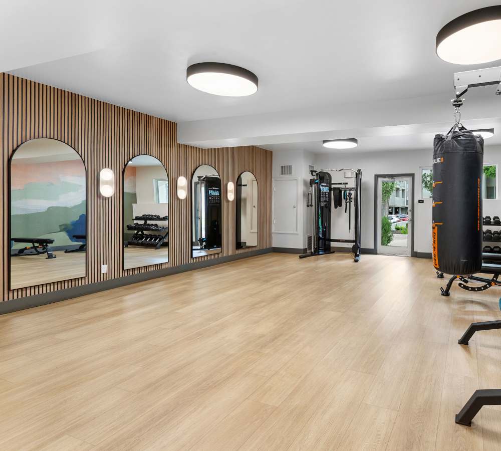 Large fitness center with various equipment at The Villas at Woodland Hills in Woodland Hills, California