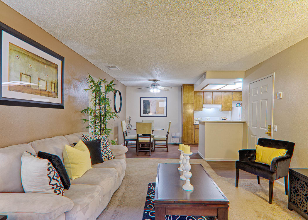 Spacious, light-filled floor plan in model home at Cordova Park Apartment Homes in Lancaster, CA
