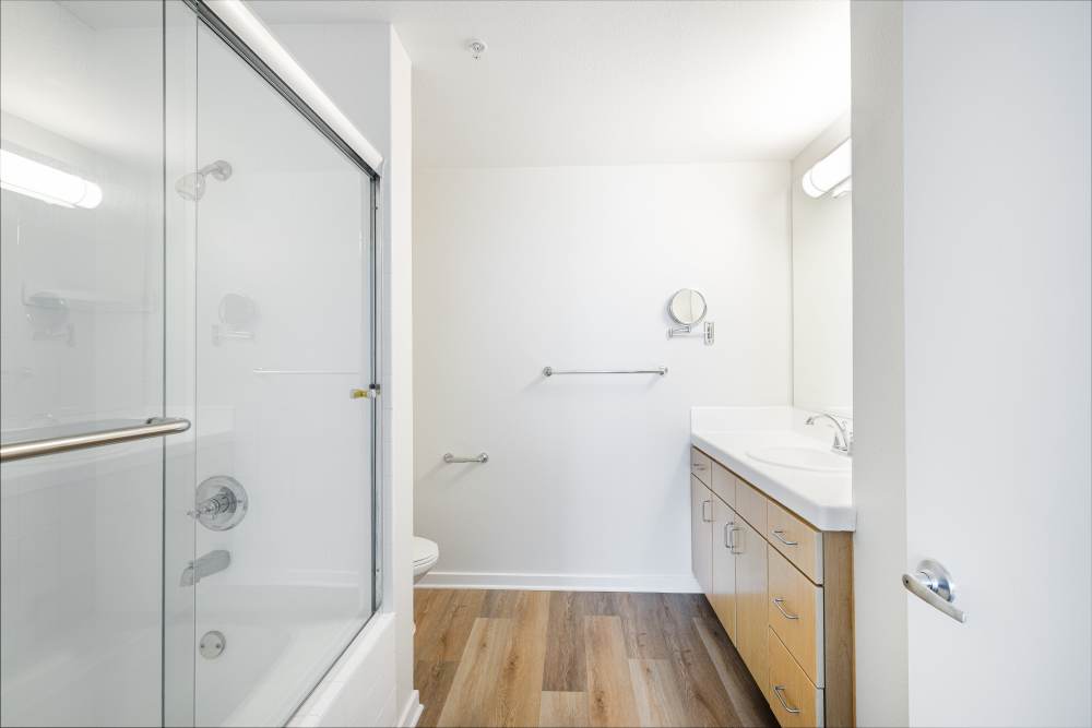 Primary bathroom at Capri Apartments in Marina Del Rey, California.