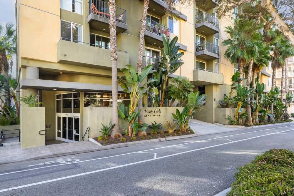 Luxury palm trees and greenery in front of building at Capri Apartments in Marina Del Rey, California