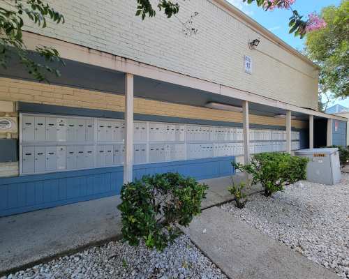 Mailboxes of an apartment at Banyan Cove in League City, Texas