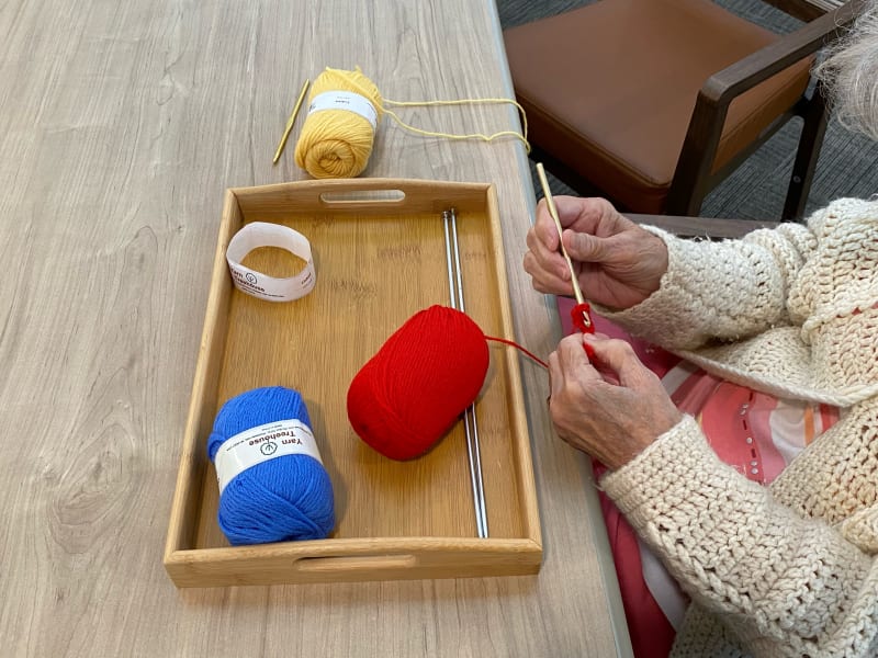 Resident knitting at The Village at Summerville in Summerville, South Carolina