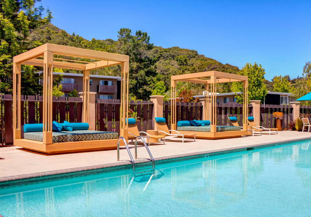 Cabanas by the pool at Sofi Belmont Hills in Belmont, California