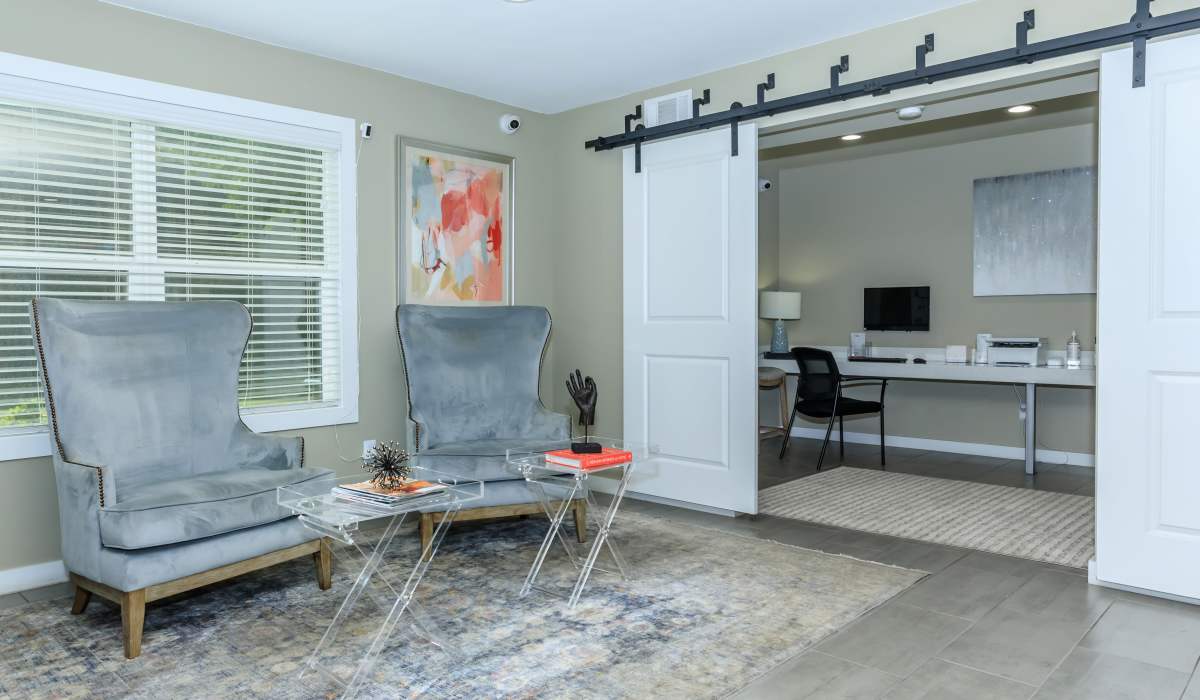 Interior of a business center at Costa Mesa Apartments in Houston, Texas