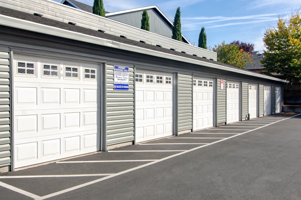 The detached garages at The Addison Apartments in Vancouver, Washington