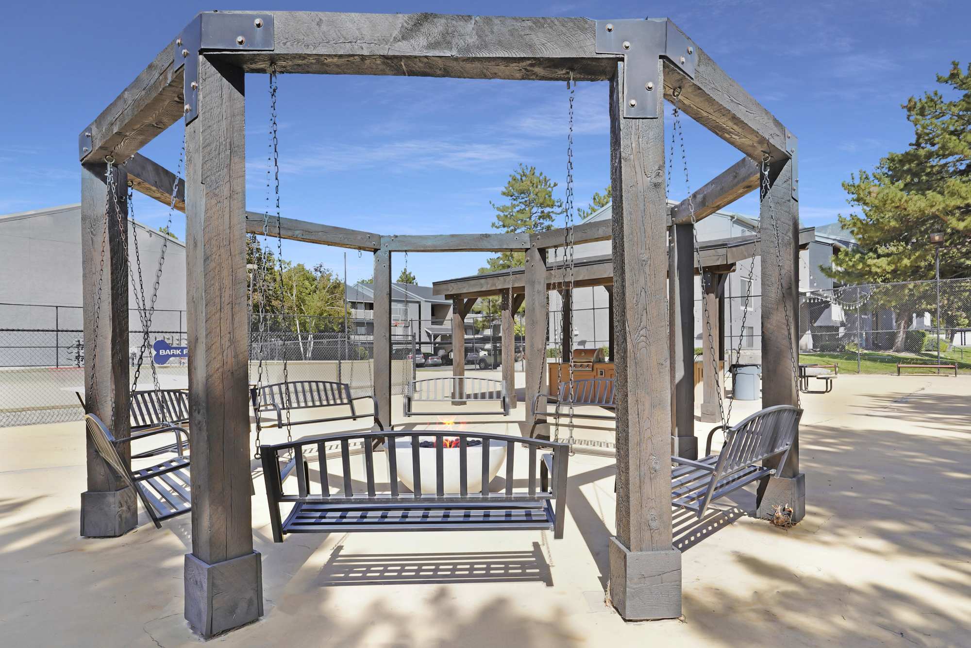 Aerial view of the fire pit lounge and dog park at Royal Farms Apartments in Salt Lake City, Utah