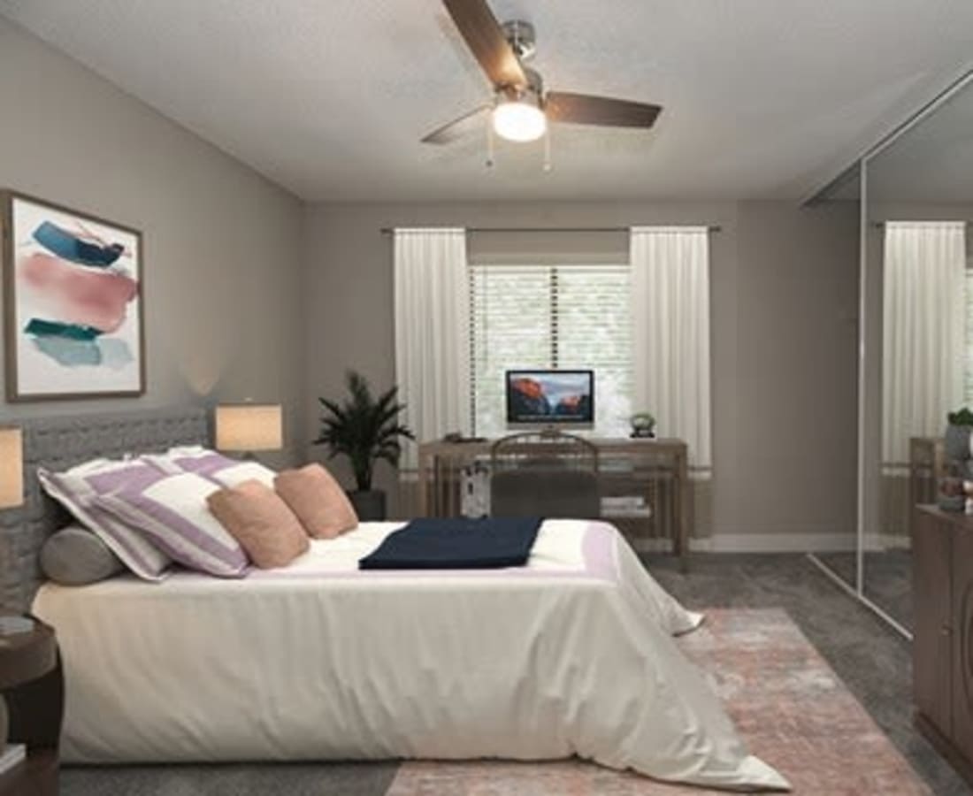 Modern bedroom with ceiling fan at The Mews At Dixon Farms in Dixon, California