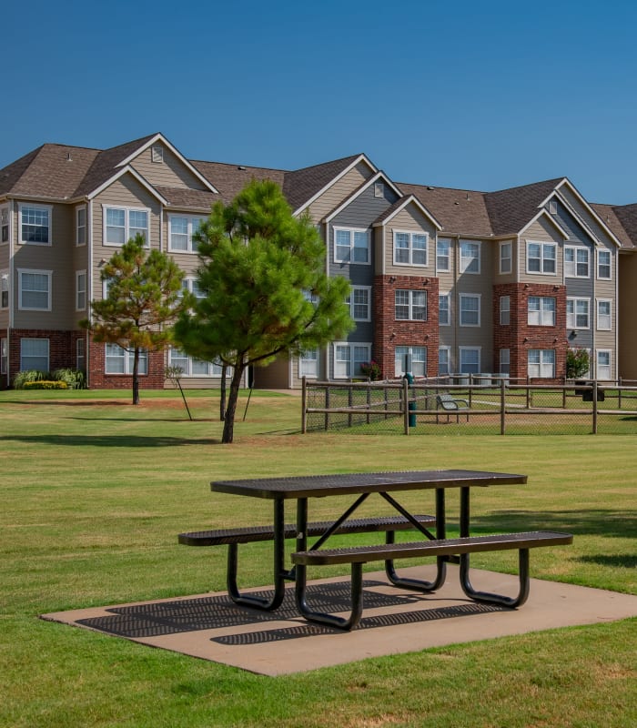Bench seating outside of The Park on Westpointe in Yukon, Oklahoma