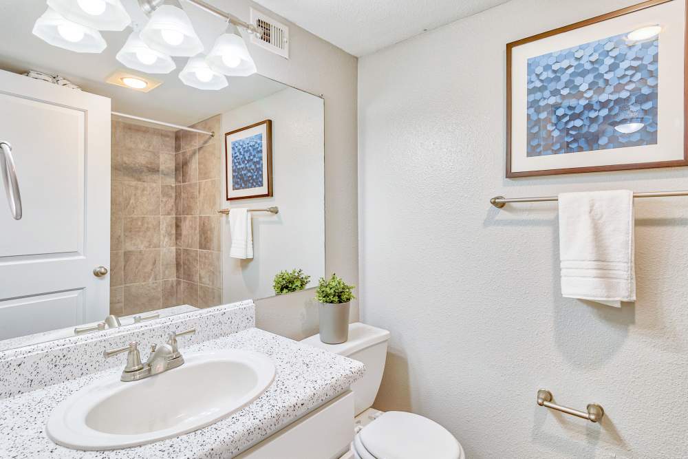 Bathroom at Broadmoor Ridge Apartment Homes in Colorado Springs, Colorado features a large vanity mirror and white countertops.