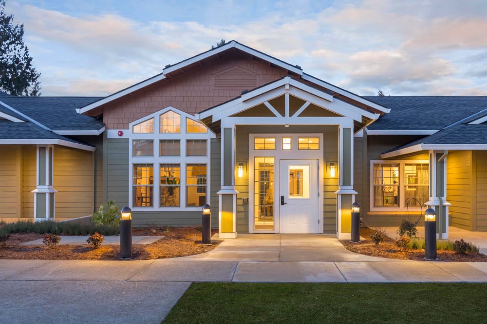 Entry way at twilight at The Springs at Clackamas Woods in Milwaukie, Oregon
