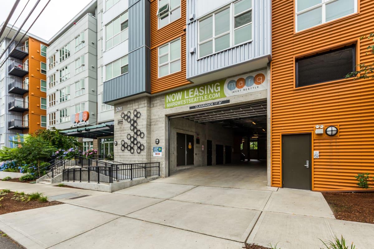 Parking garage entrance at Marq West Seattle in Seattle, Washington