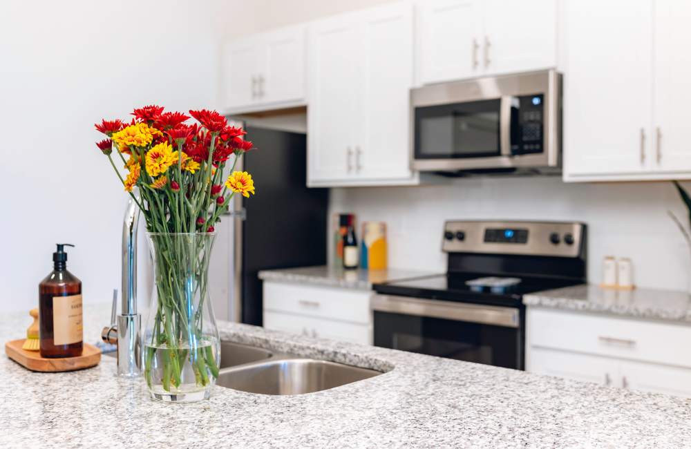 Kitchen with appliances and granite countertops at The Waters at Promenade in Marrero, Louisiana