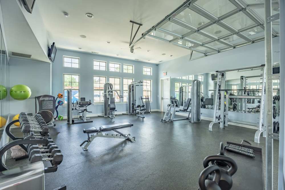 Gym with large mirror Solana at the Crossing in Indianapolis, Indiana