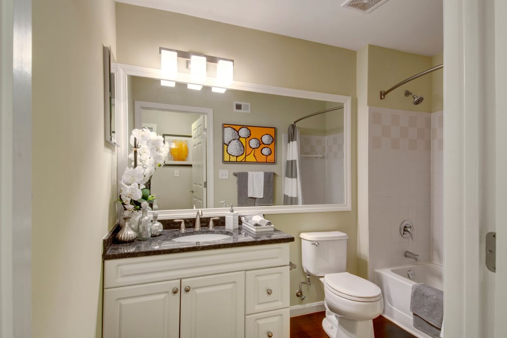 Bright bathroom at Ellington Metro West in Westborough, Massachusetts