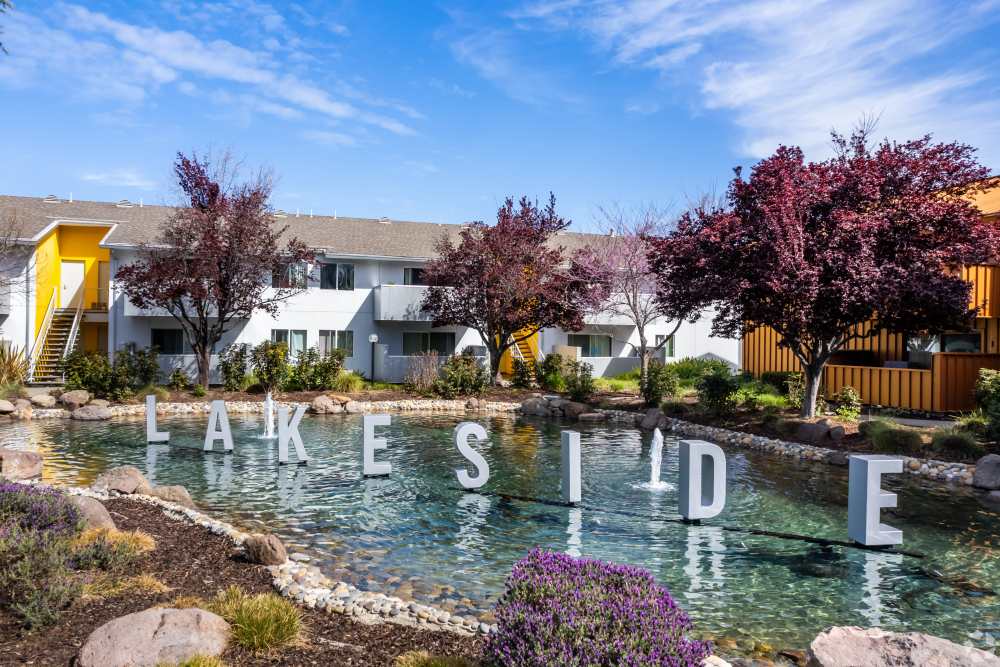 Monument sign outside of Lakeside Village in San Leandro, California