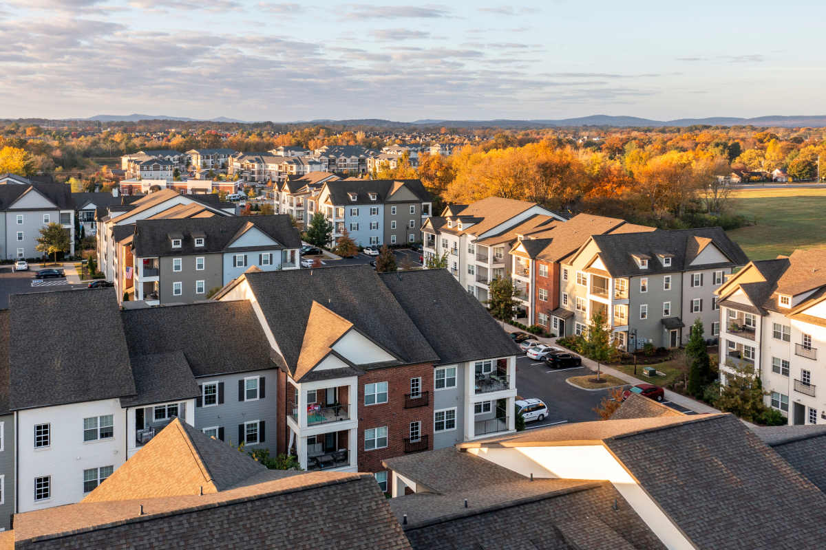 Aerial view of the apartment community and fall foliage at Springfield Apartments in Murfreesboro, Tennessee