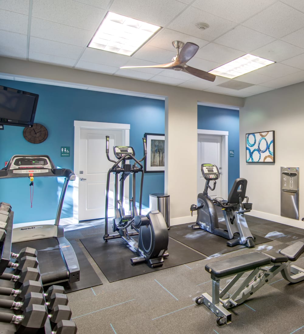 Cardio machines and exercise equipment in the onsite fitness center at Sofi at Forest Heights in Portland, Oregon