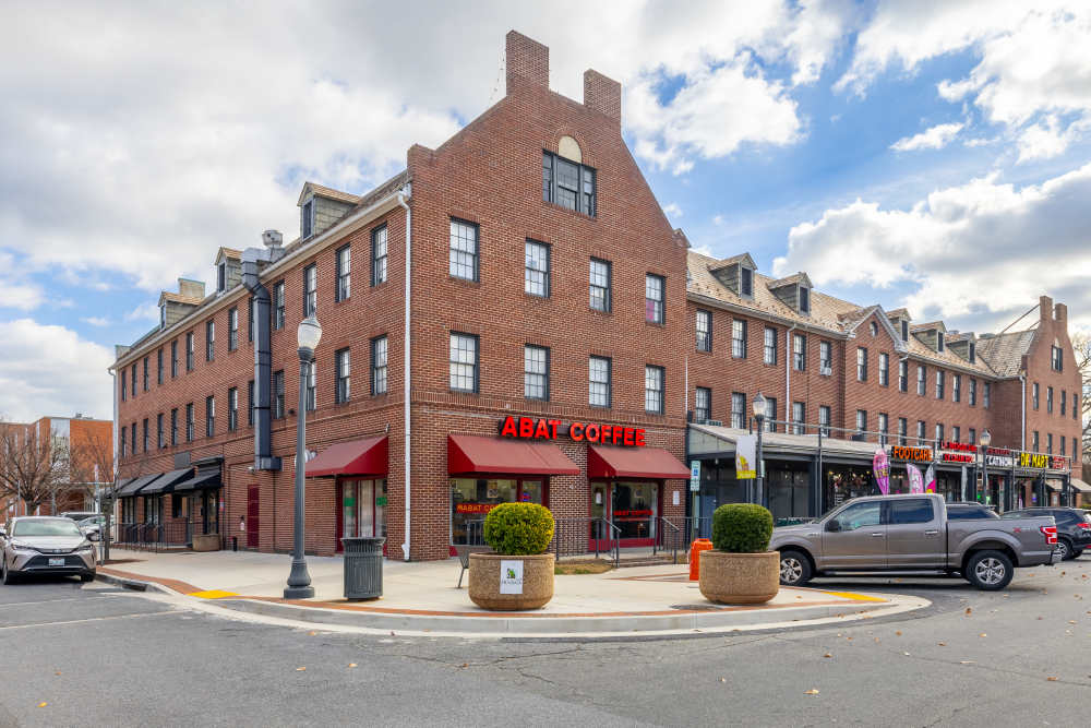 Community exterior building with retail shops at Dundalk Village in Dundalk, Maryland
