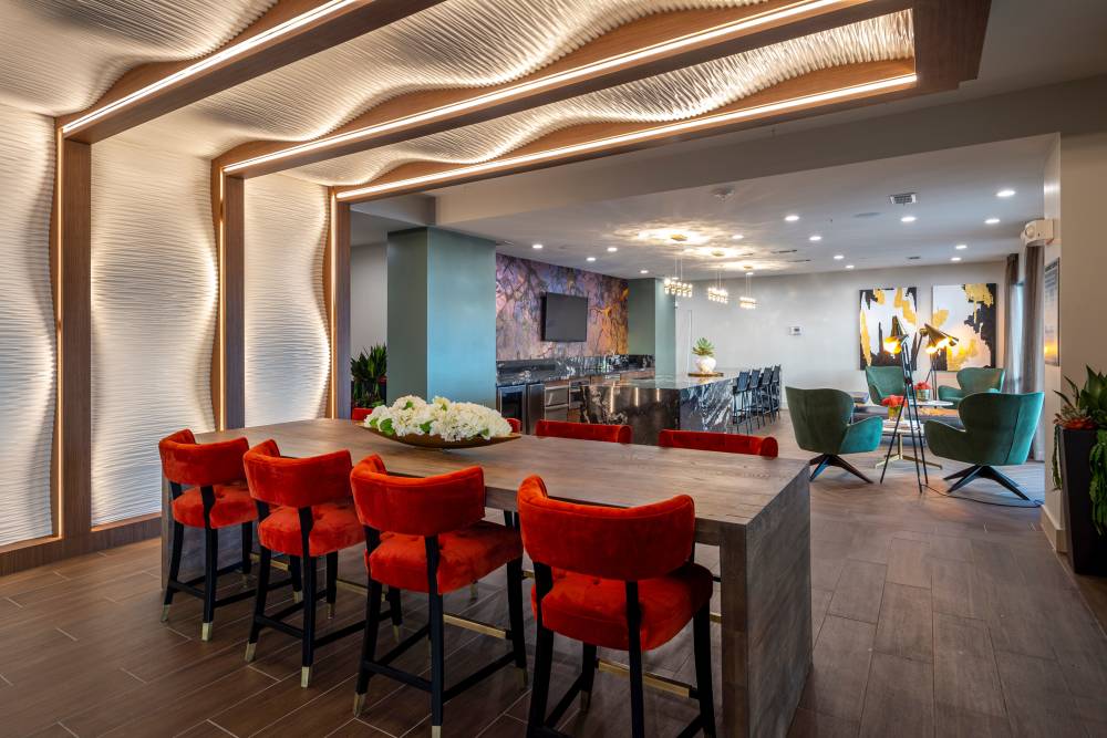 Dining space of a clubhouse at Whitmore in Houston, Texas