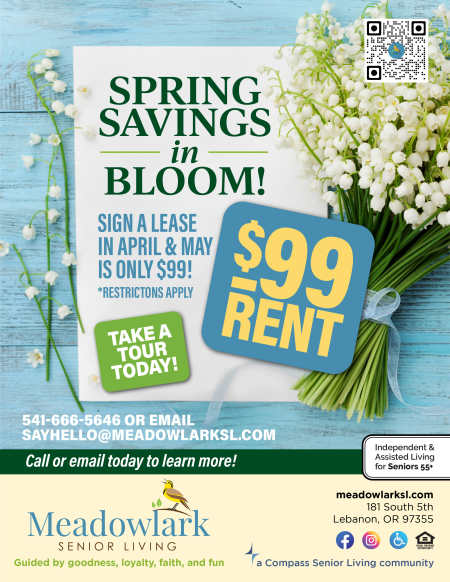 Monthly flyer at Meadowlark Senior Living in Lebanon, Oregon