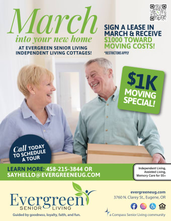 March flyer at Evergreen Senior Living in Eugene, Oregon