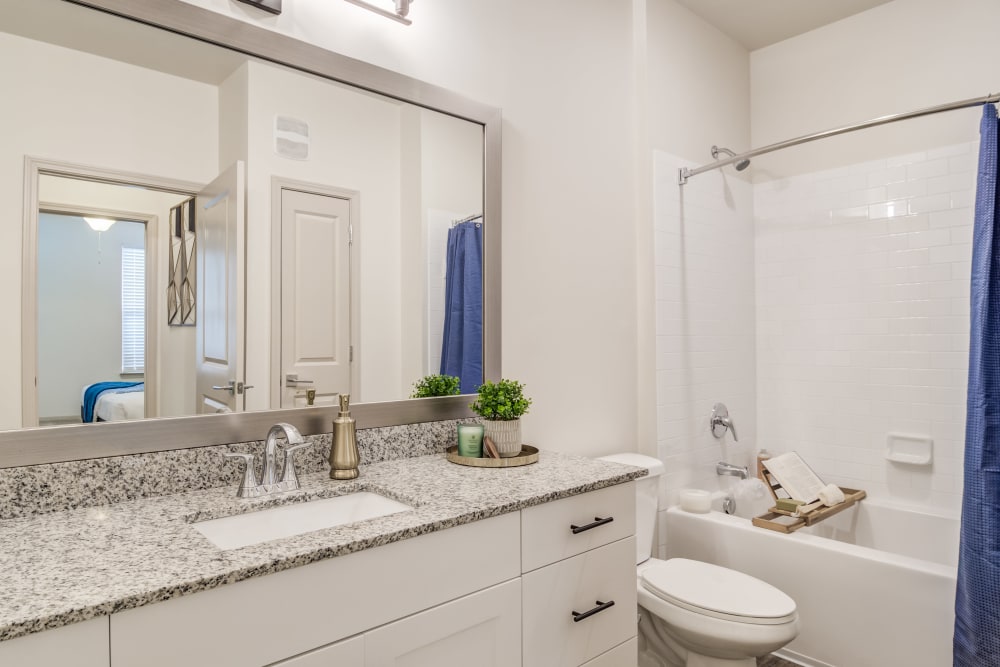 A decorated bathroom with a full sized tub in an apartment at Brookside Heights Apartments in Cumming, Georgia