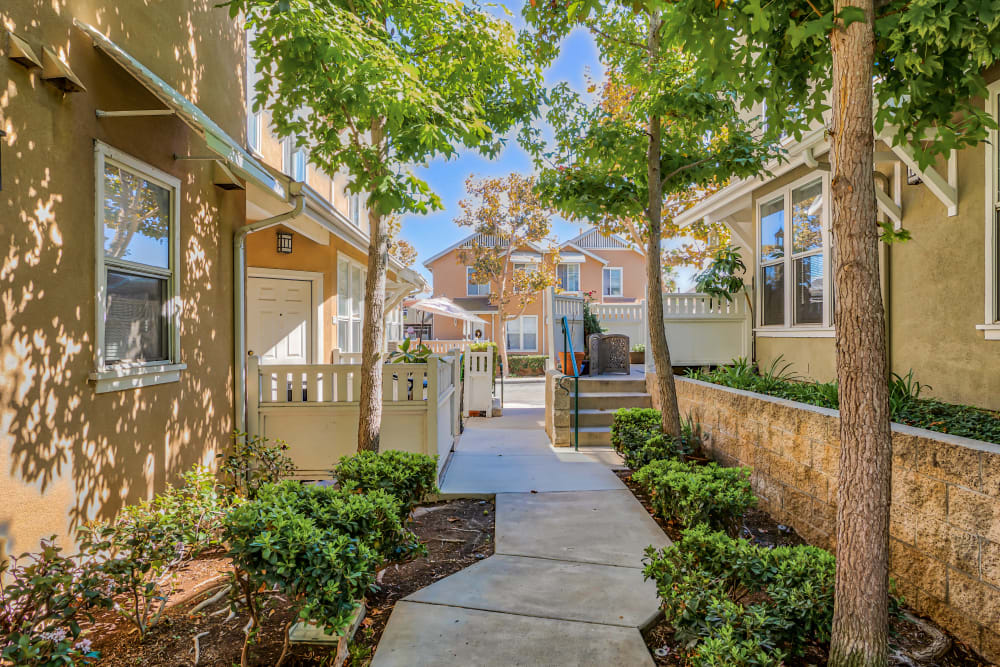 Paved walkway outside at Village Heights in Newport Beach, California