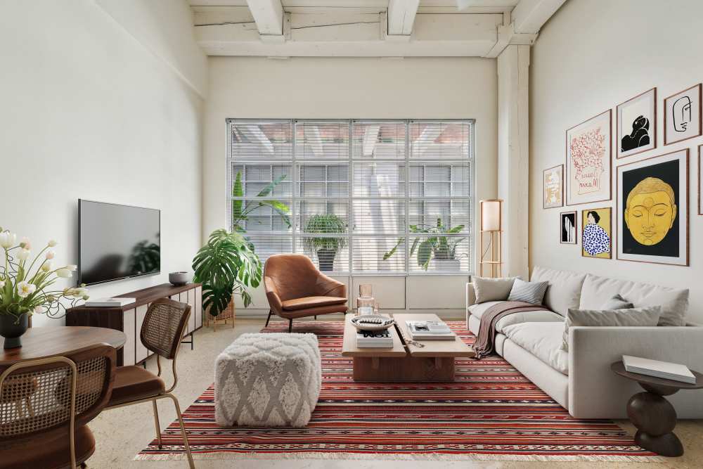 Spacious living room with large couch, chaior, coffee table and large window at South Bank in Richmond, Virginia