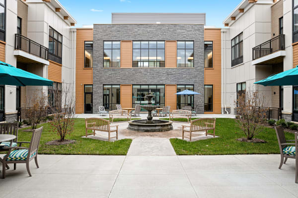 Outdoor patio with paved walkways at Anthology of Mayfield Heights in Mayfield Heights, Ohio