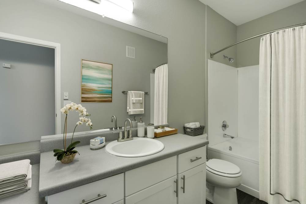 Renovated bathroom with white cabinets at The Grove at Orenco Station in Hillsboro, Oregon